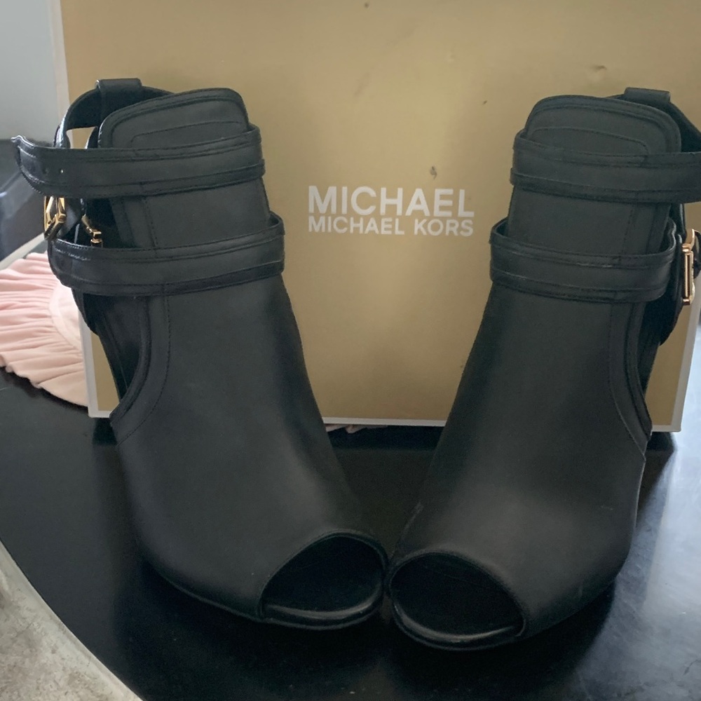 Michael Kors Black Leather Peep-Toe Ankle Booties with Straps